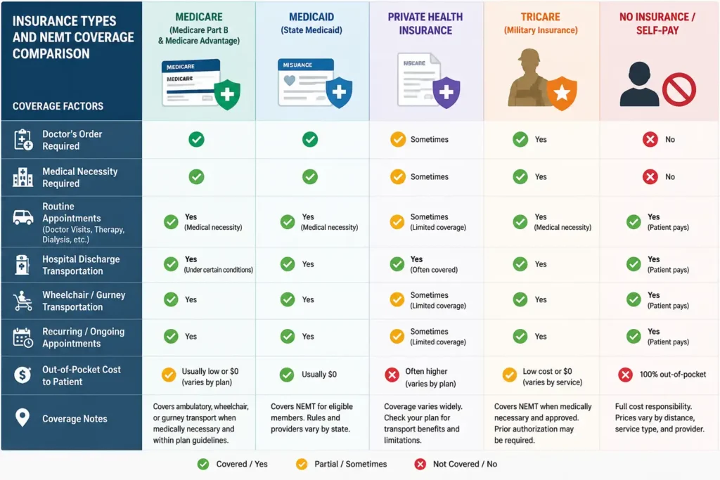 A side-by-side comparison chart comparing insurance coverage for non-emergency medical transportation across Medicaid, Medicare, and private health plans.