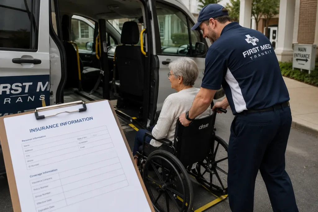 A wheelchair van driver assisting a senior patient to demonstrate how insurance cover non-emergency medical transportation services.