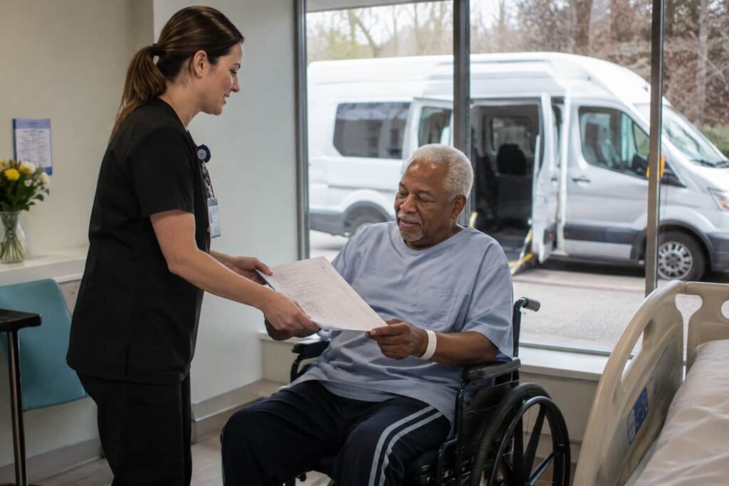 Hospital discharge planner coordinating non-emergency medical transportation for a patient going home