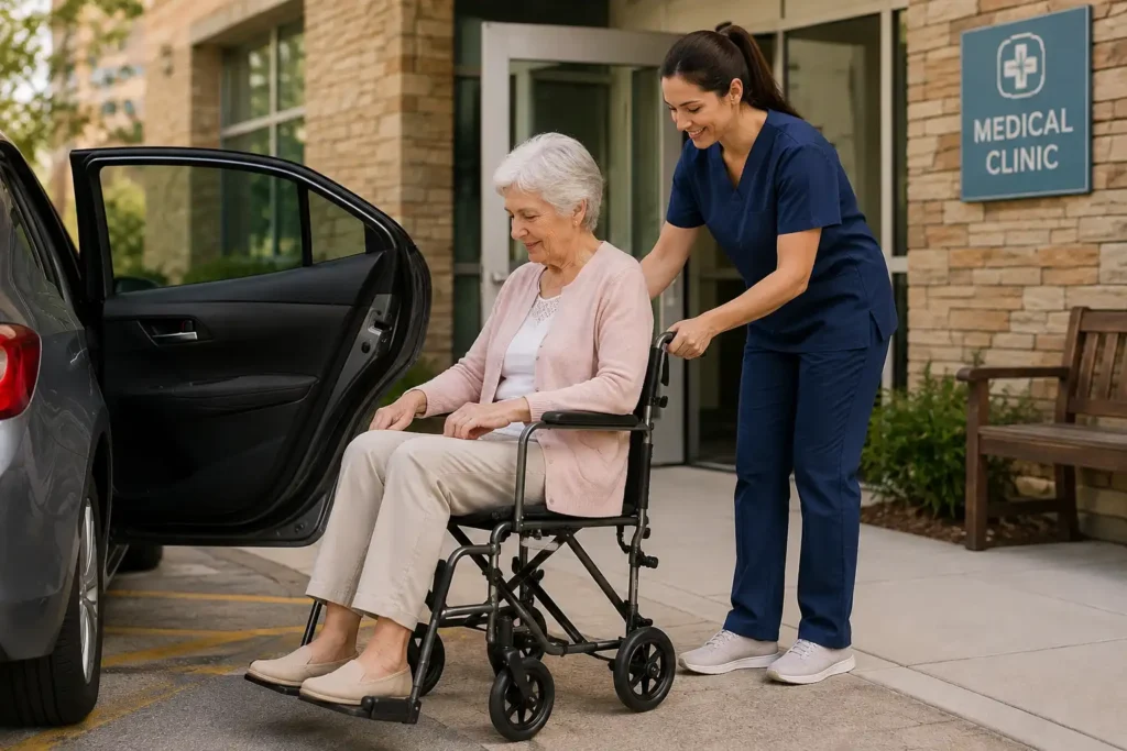 caregiver pushing patient in transport chair vs wheelchair setting
