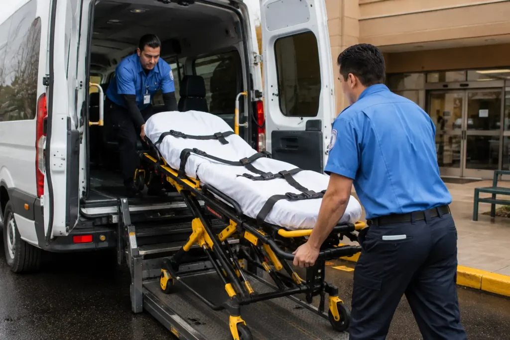 Trained attendants loading a patient on a gurney into a non-emergency medical transport van