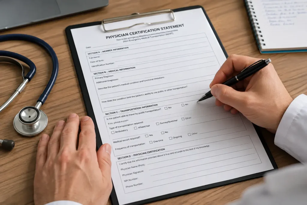 Doctor completing a Physician Certification Statement form required for Medi-Cal NEMT approval