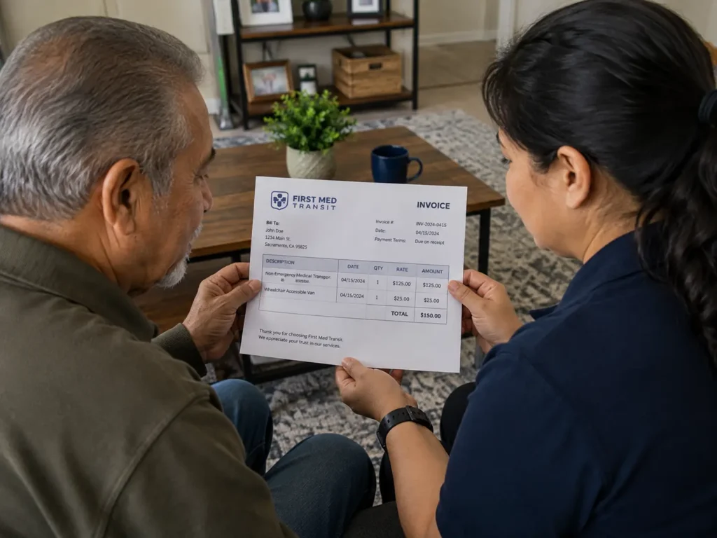 senior patient reviewing wheelchair transport cost invoice with caregiver