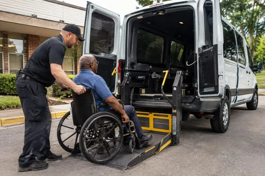how much does a wheelchair transport cost - driver assisting wheelchair passenger into accessible van
