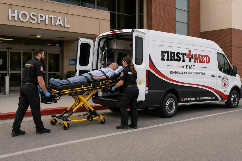 Padded gurney with safety restraints inside a non-emergency medical transport vehicle