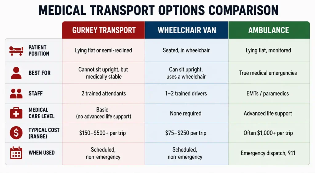 Comparing what is gurney transportation, costs and benefits against wheelchair van and ambulance options