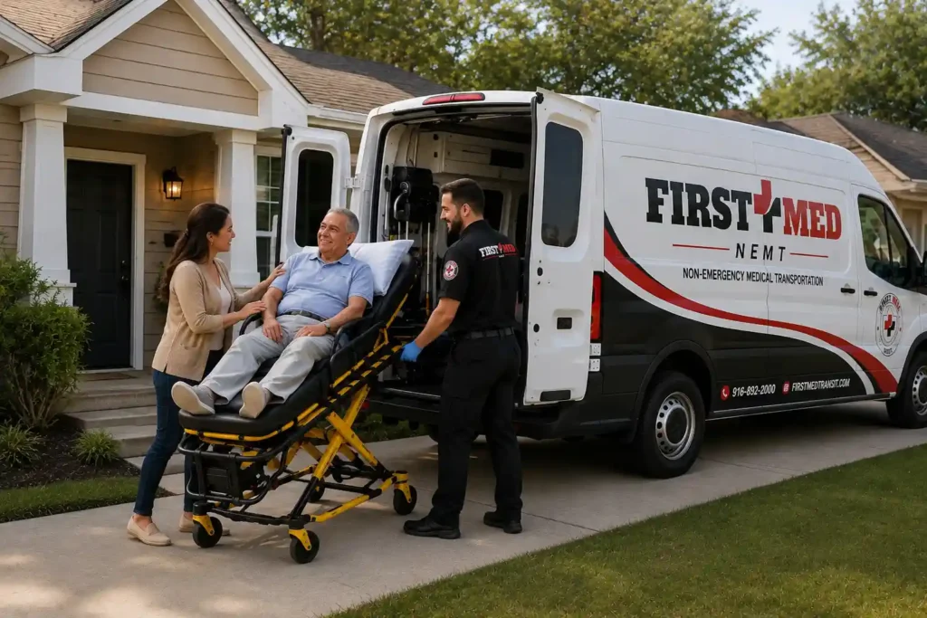 Gurney transport patient arriving home safely after hospital discharge 