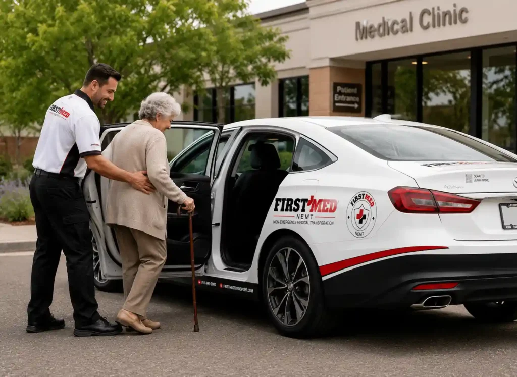 Senior passenger using a cane receiving assistance boarding an ambulatory transportation vehicle