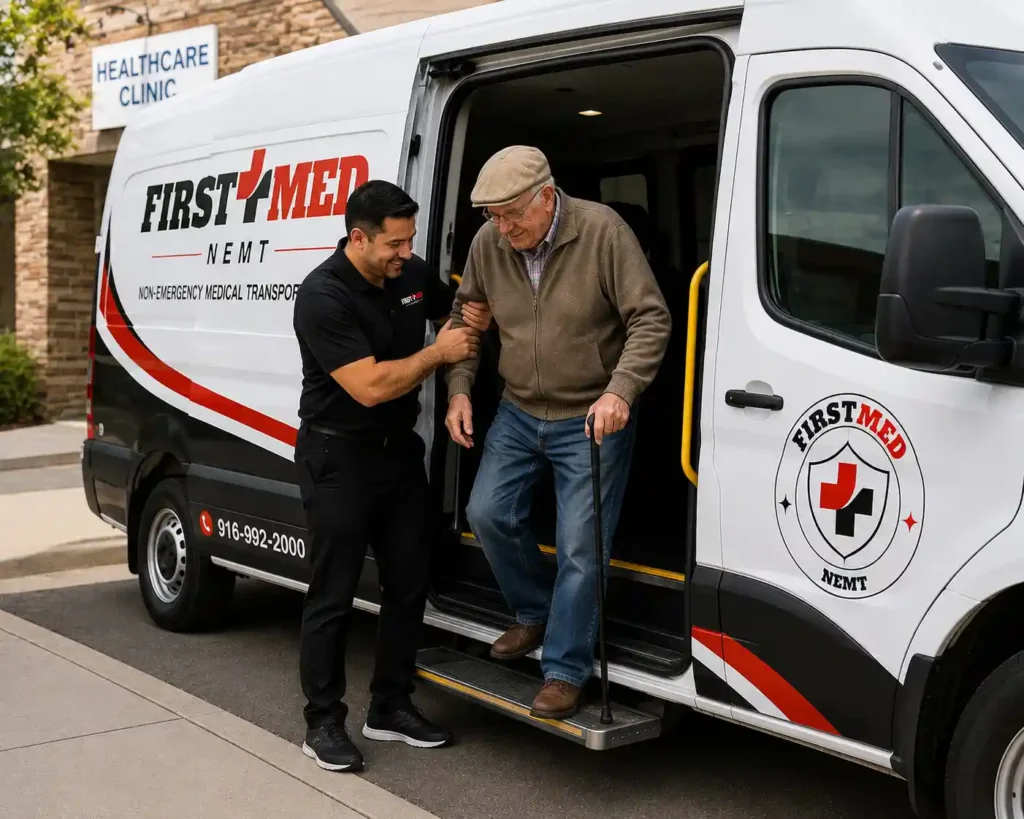 Driver reviewing Medi-Cal insurance coverage with an ambulatory transportation passenger 