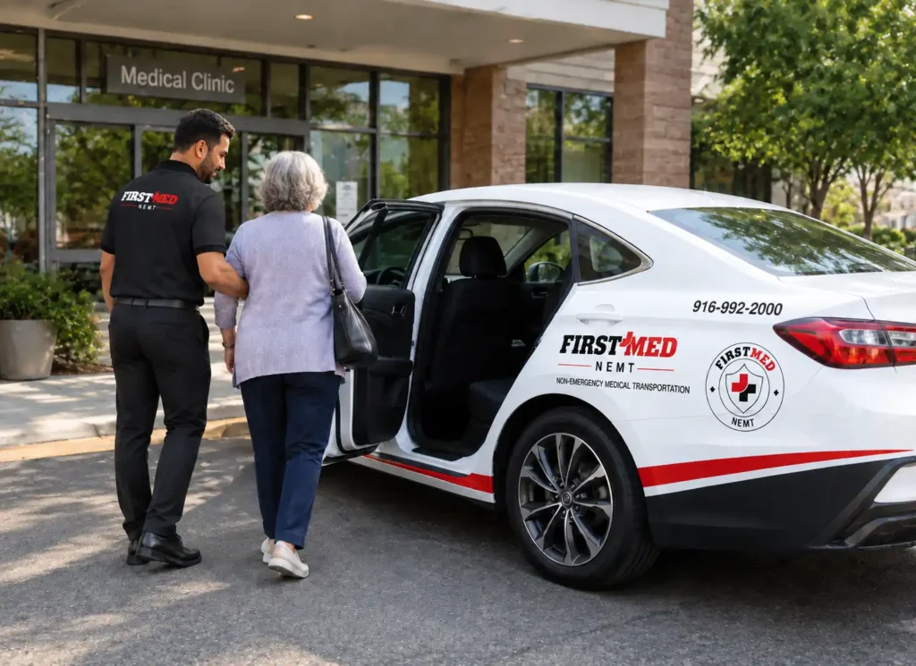 First Med Transit driver assisting senior into vehicle outside Sacramento medical clinic