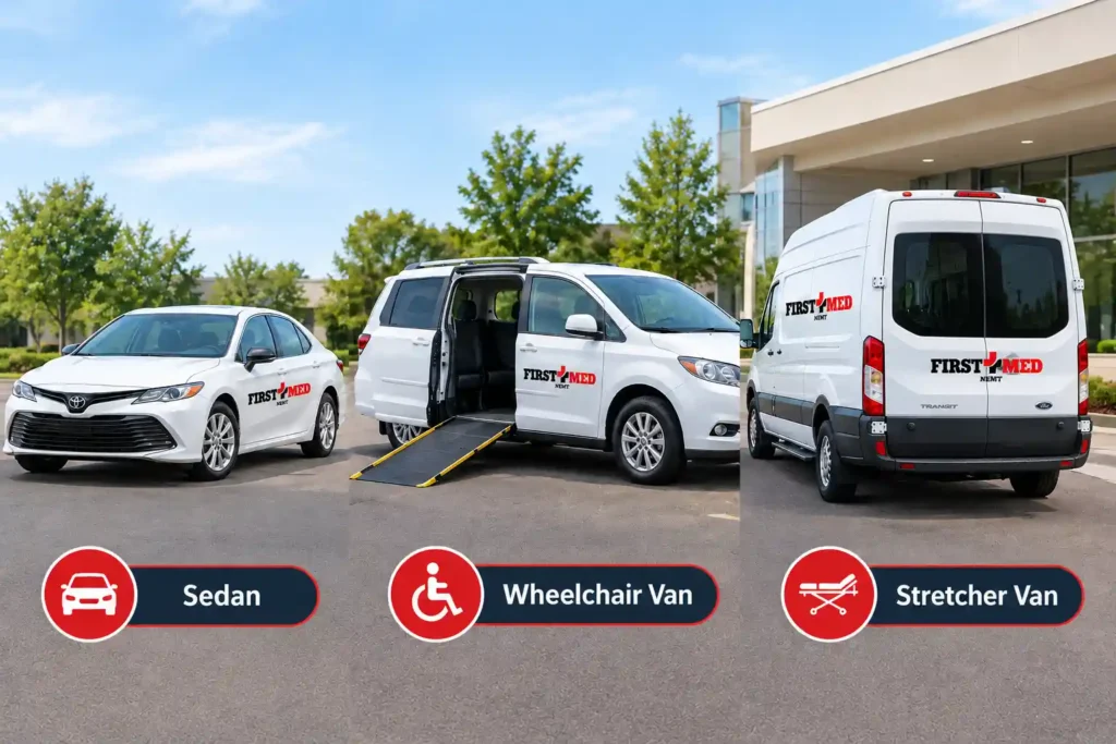 First Med Transit sedan, wheelchair van, and stretcher van fleet comparison