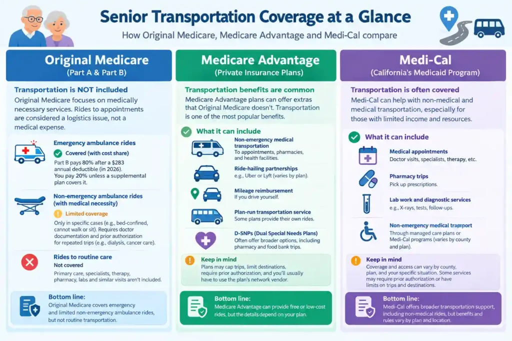 Senior transportation coverage comparison chart for Original Medicare, Medicare Advantage, and Medi-Cal