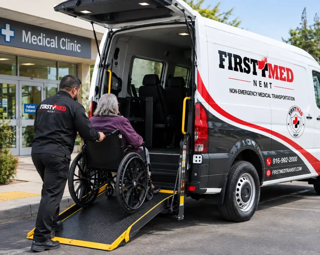 Driver securing a wheelchair inside an accessible medical transport van