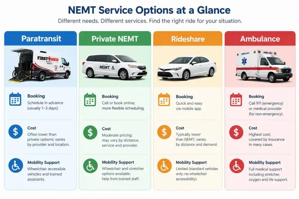 Paratransit vs. NEMT vs. Rideshare vs. Ambulance infographic