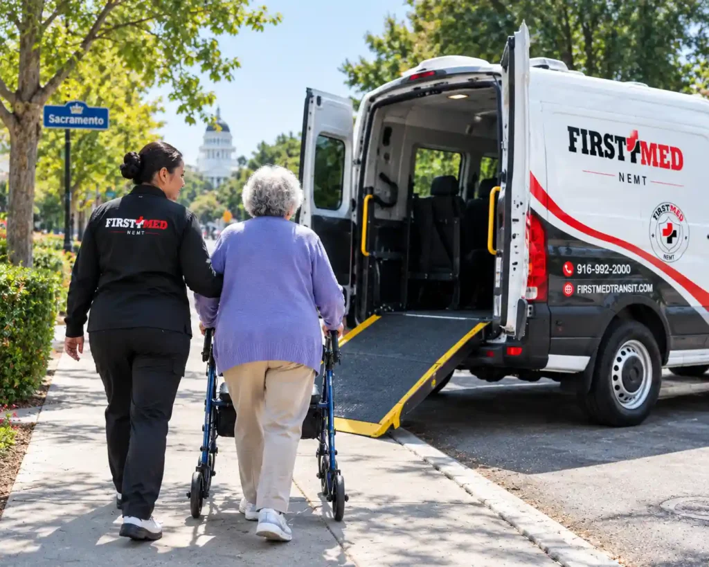 First Med Transit driver assisting senior with walker into wheelchair-accessible van in Sacramento