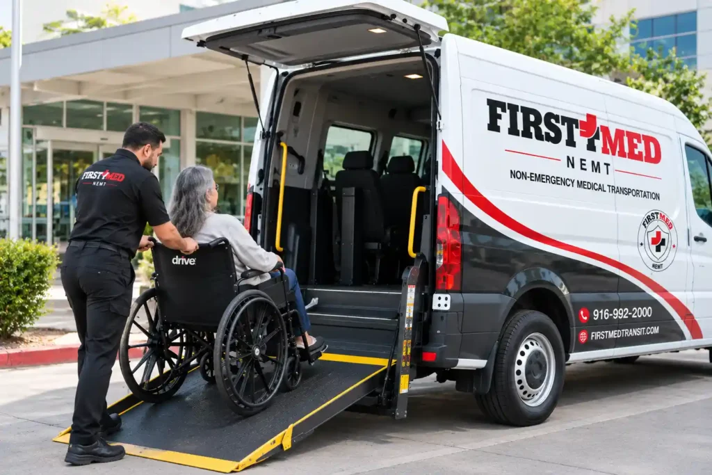 First Med Transit driver helping a wheelchair user onto the ramp of an accessible van outside a medical center in Sacramento