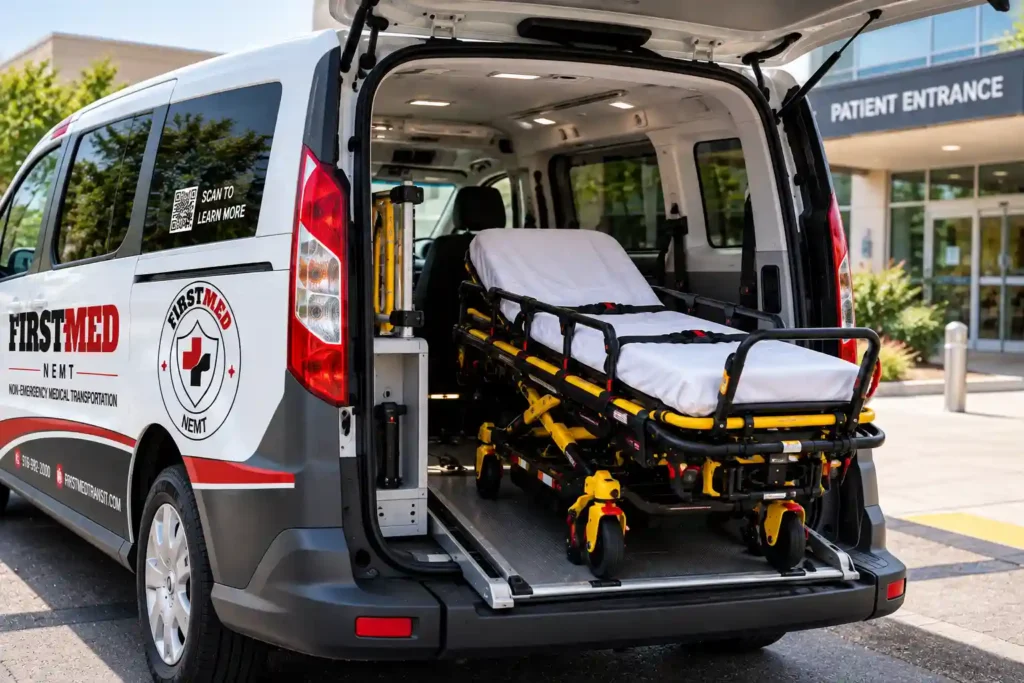 Inside a First Med Transit van with a gurney secured in the vehicle for non-emergency medical transport