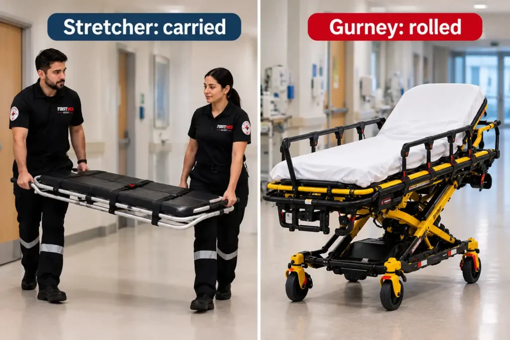 ide-by-side comparison of a carried stretcher and a wheeled gurney labeled “Stretcher: carried” and “Gurney: rolled”