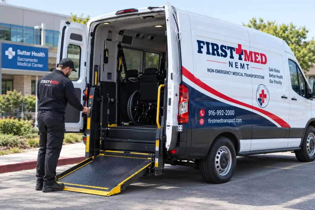 First Med Transit wheelchair-accessible van and driver at a Sacramento pickup location