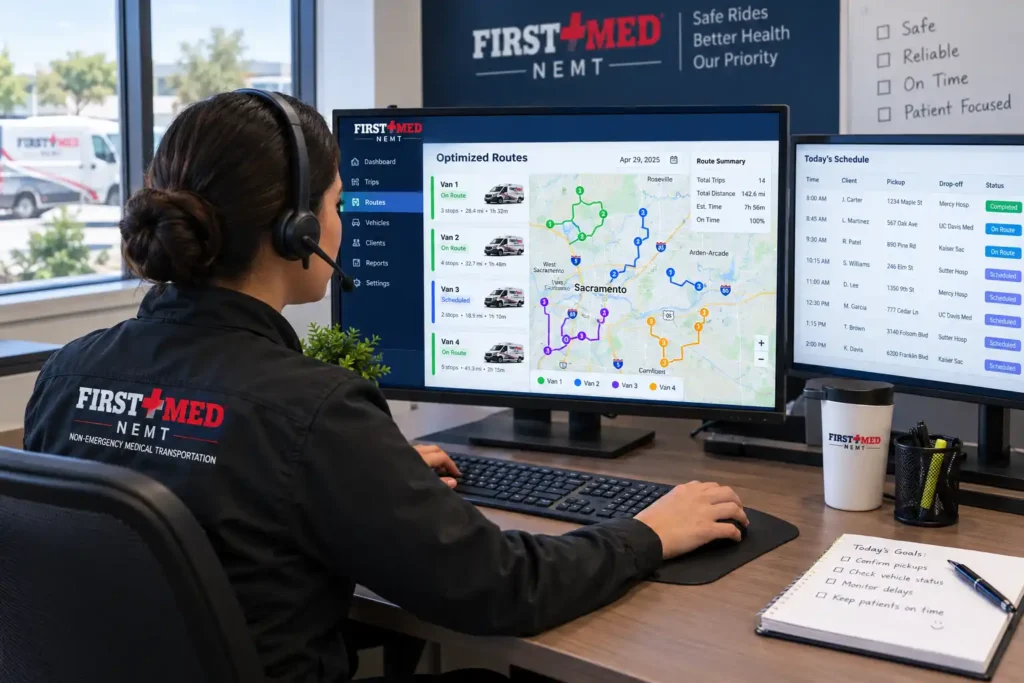 NEMT dispatcher reviewing route and scheduling software to reduce deadhead mileage