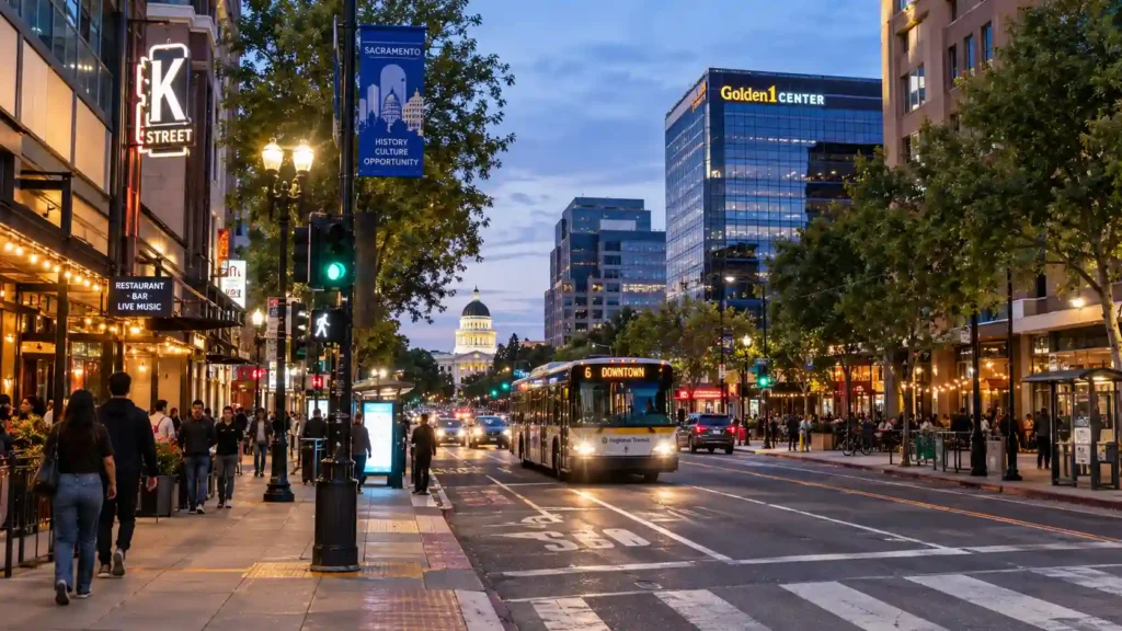 Downtown Sacramento street with buildings and pedestrians near the K Street corridor