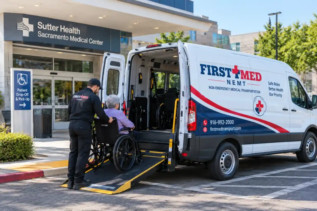 First Med Transit wheelchair-accessible van with ramp for seniors and wheelchair users in Sacramento