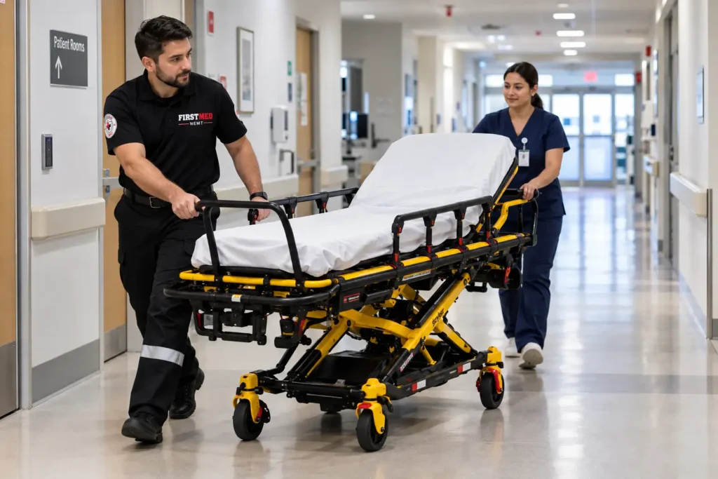 What do Americans call a gurney? Two medical staff members pushing a wheeled gurney down a hospital hallway