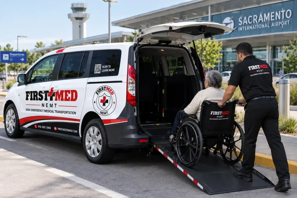First Med Transit driver helping a senior into a vehicle for airport medical transportation in Sacramento