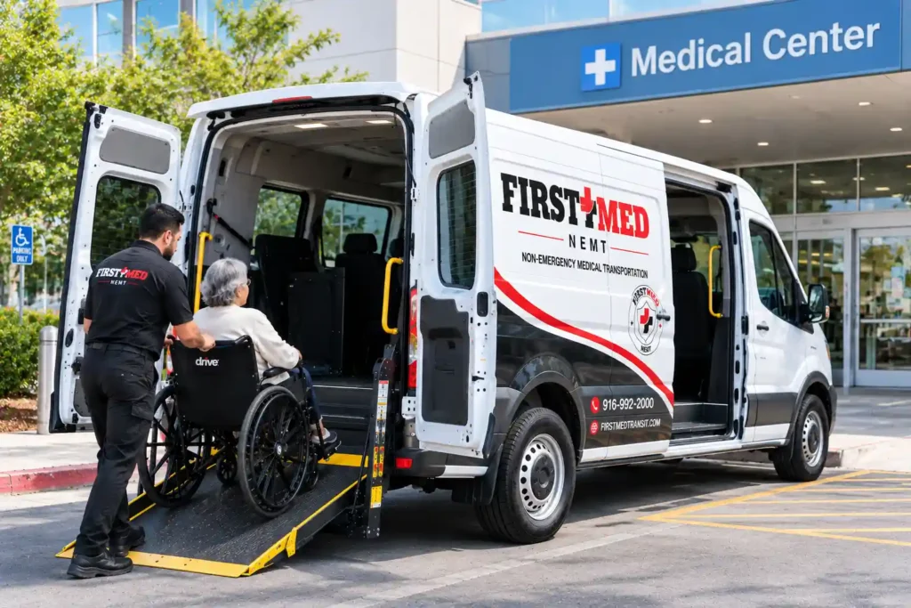 First Med Transit driver assisting a wheelchair user into a wheelchair-accessible van