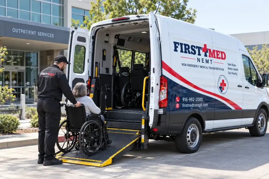 First Med Transit driver assisting a wheelchair user at a ramp-equipped van during pickup