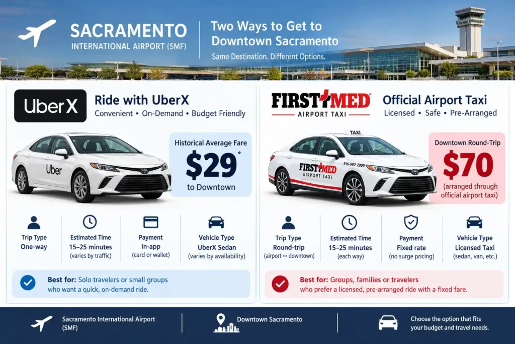 omparison graphic of Uber and official airport taxi prices from Sacramento International Airport to downtown
