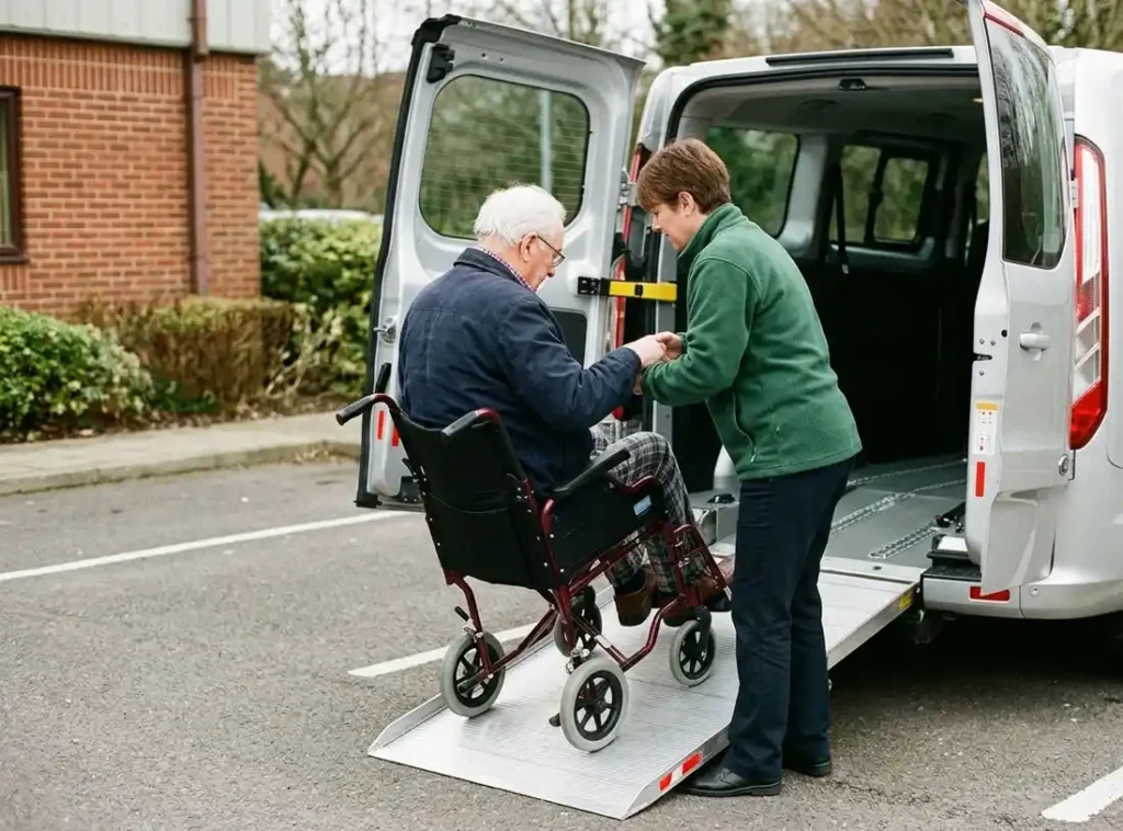 FirstMed Transit driver providing dependable wheelchair transport services in sacramento for a senior patient.
