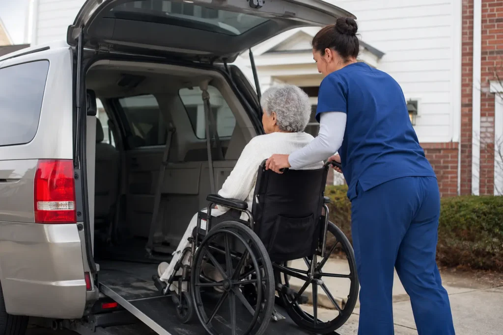 A wheelchair-accessible van providing non-emergency medical transportation (NEMT) covered by insurance for a senior patient.