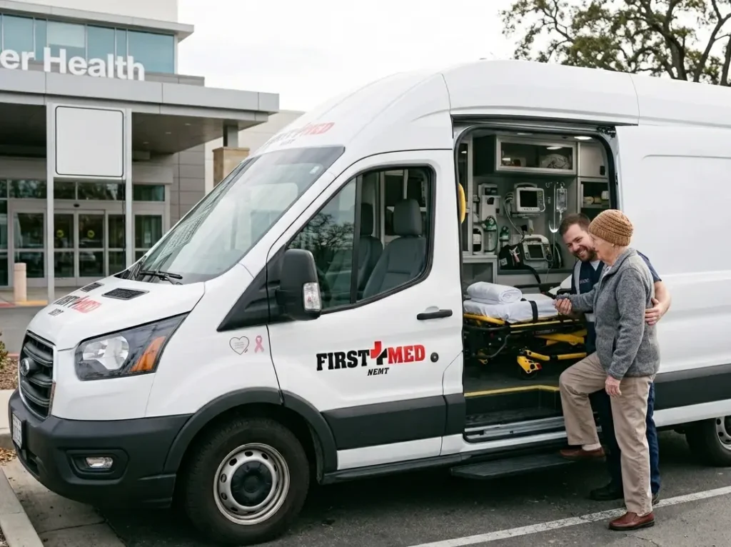 A non-emergency specialized medical transit van delivering reliable Radiation Therapy Transportation Services sacremento oncology patients can trust for punctual, door-to-door access to local cancer treatment clinics.