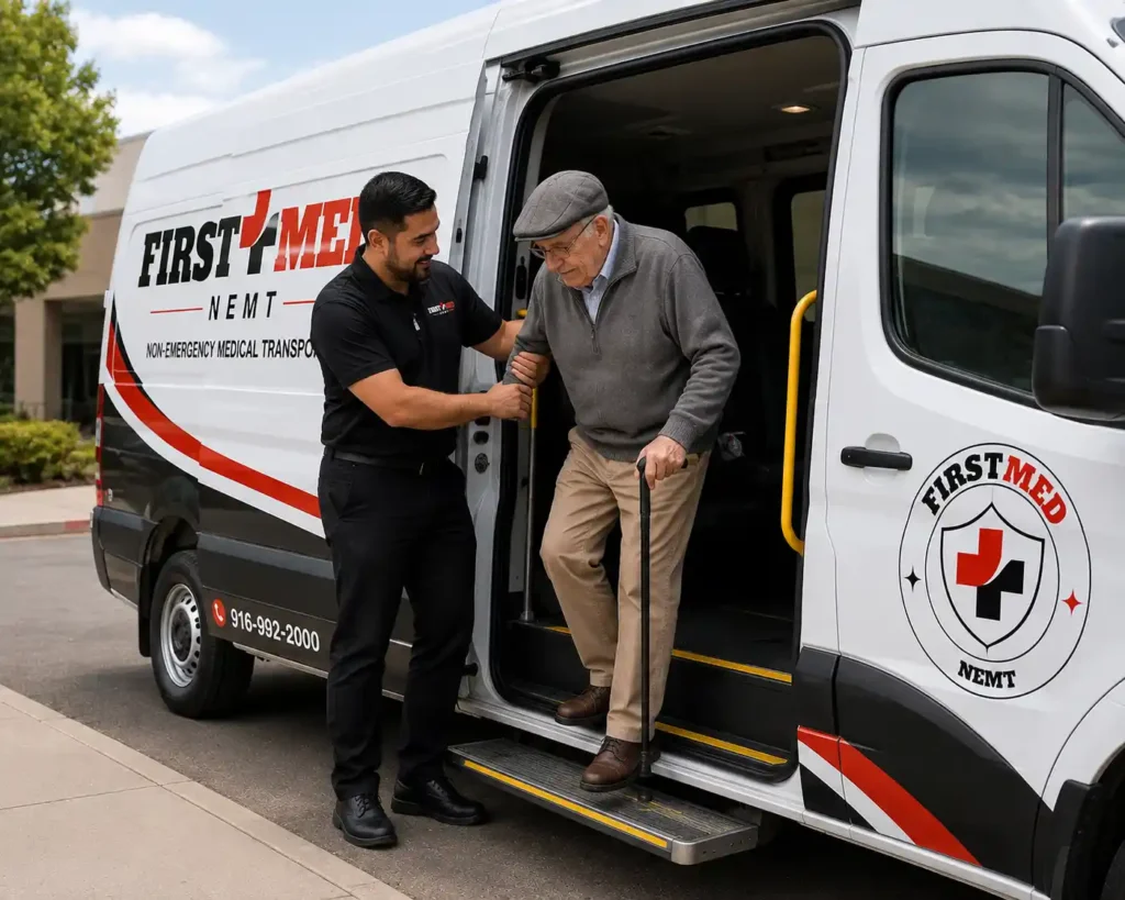 Cost of non-emergency medical transport shown through a wheelchair-accessible van assisting a member in Sacramento