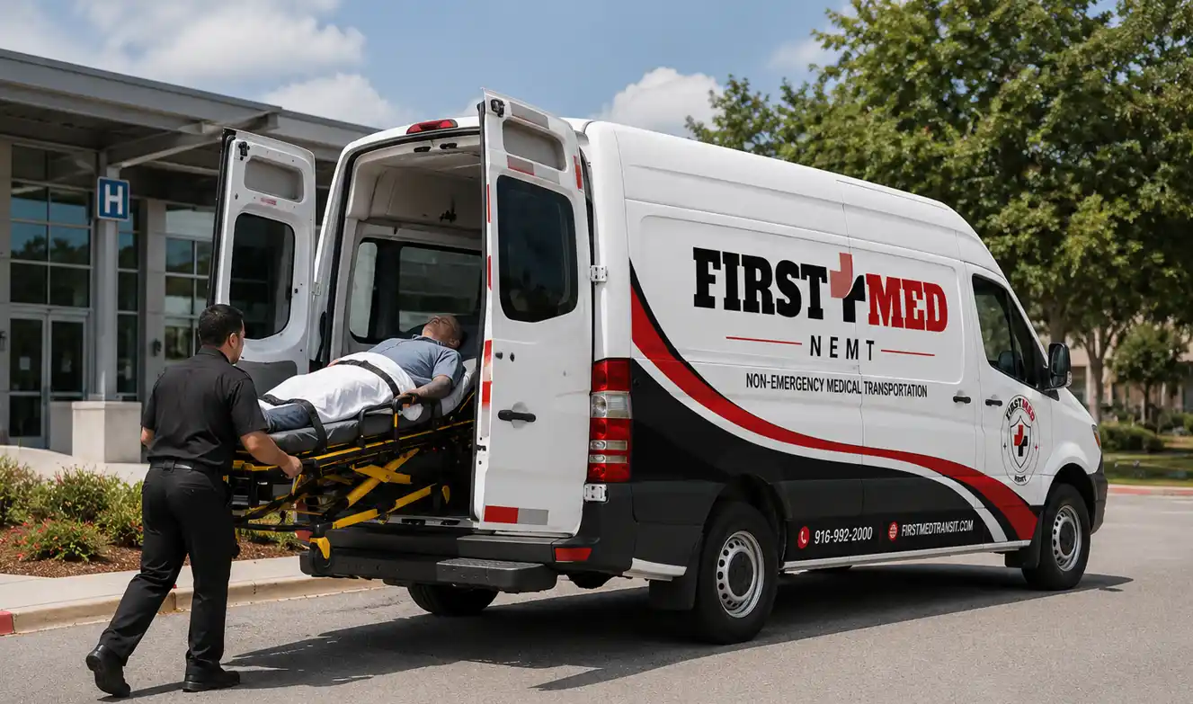 Gurney transportation Sacramento CA providing safe stretcher transport for patients needing non-emergency medical transportation to hospitals and healthcare facilities.