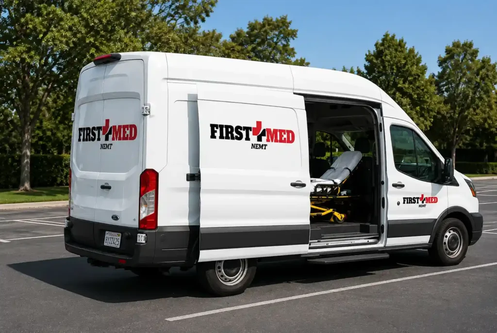 A specialized non-emergency vehicle providing premium Long-Distance Medical Transportation Sacramento services, fully equipped with a modern stretcher and climate control for regional and interstate patient transfers.