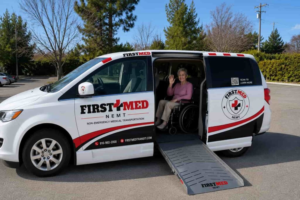 FirstMed Transit ADA-compliant van providing a reliable Medi-Cal transportation service Sacramento ca residents can utilize for non-emergency medical appointments.