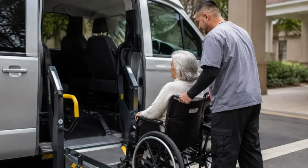Elderly patient boarding a wheelchair-accessible non-emergency medical transportation in California