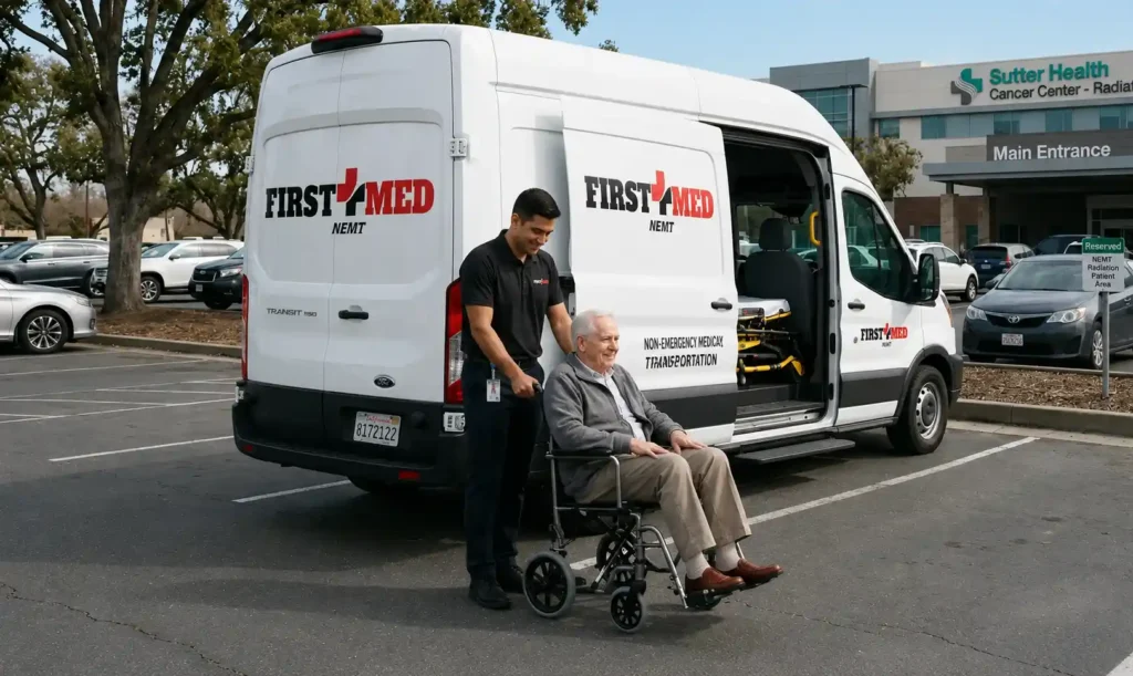 A non-emergency specialized medical transit van delivering reliable Radiation Therapy Transportation Services sacremento oncology patients can trust for punctual, door-to-door access to local cancer treatment clinics.