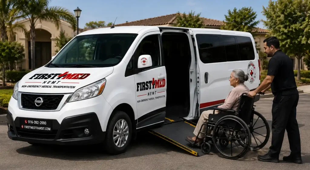 FirstMed Transit driver providing dependable wheelchair transport services in sacramento for a senior patient.