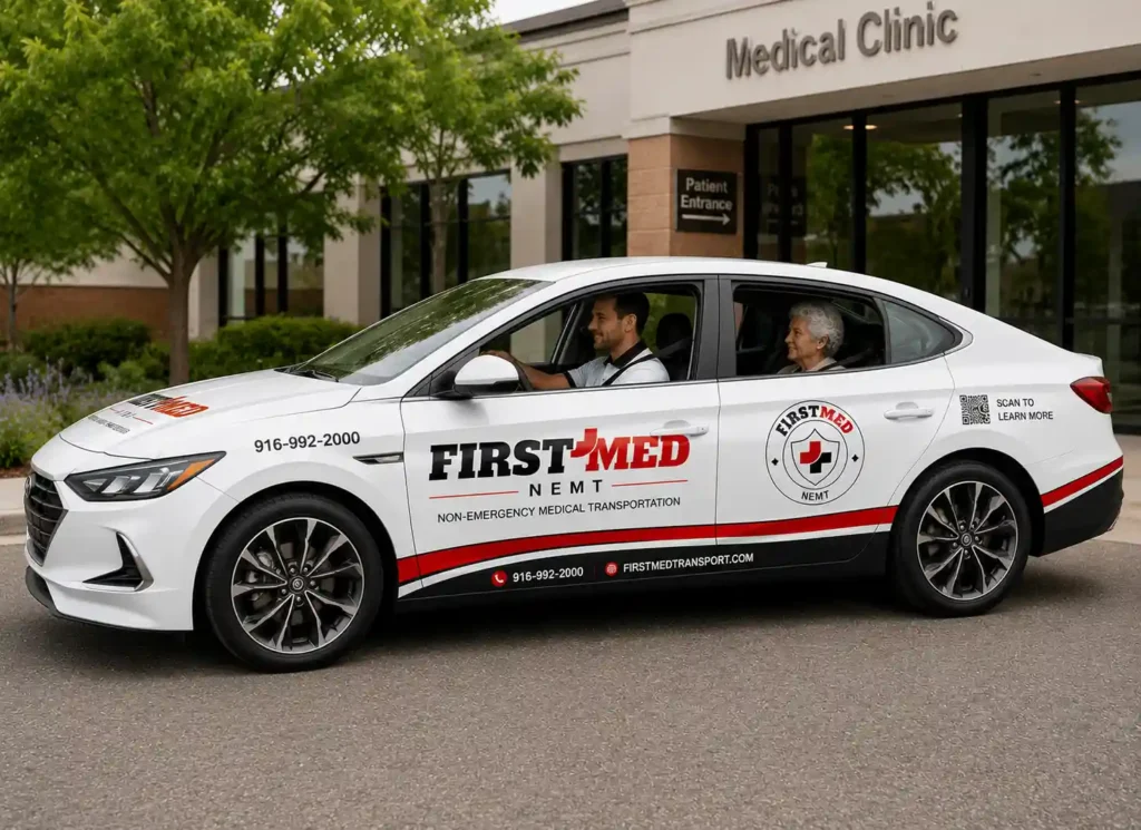 What Is Ambulatory Transportation and Who Needs It — driver assisting a walking passenger into a medical transport vehicle