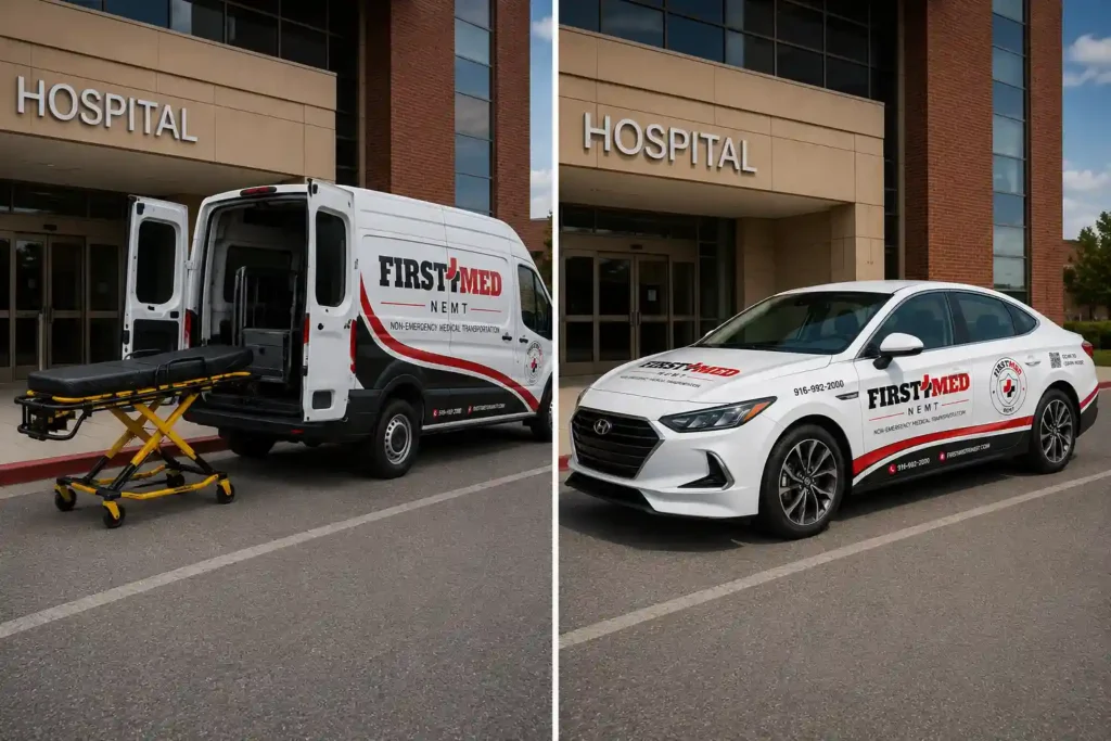 Gurney transport vs ambulance comparison showing NEMT van and emergency ambulance outside hospital