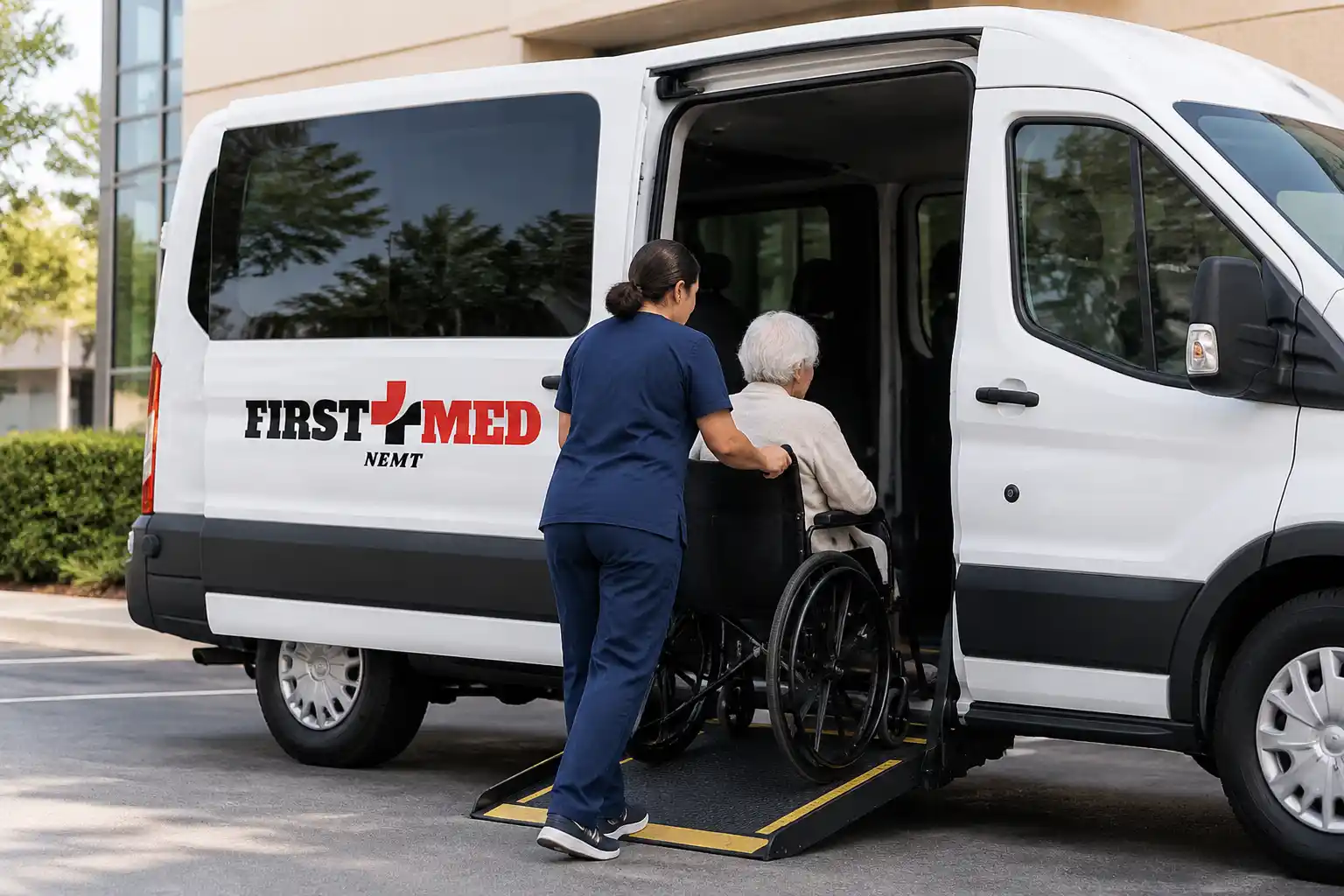 A specialized long-distance medical transportation vehicle equipped for non-emergency patient transfer, parked in Sacramento, California, providing comfortable regional and interstate medical transit.