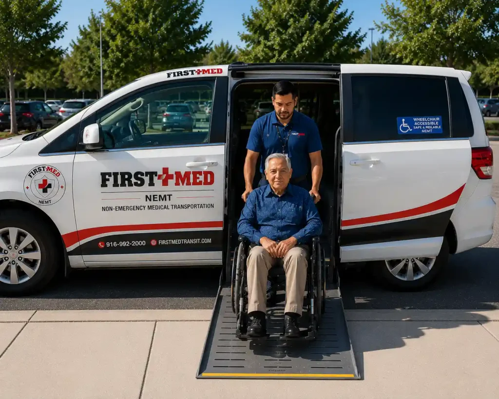 Does Medicare Cover Free Senior Transportation? Senior being assisted to a medical transport vehicle in Sacramento