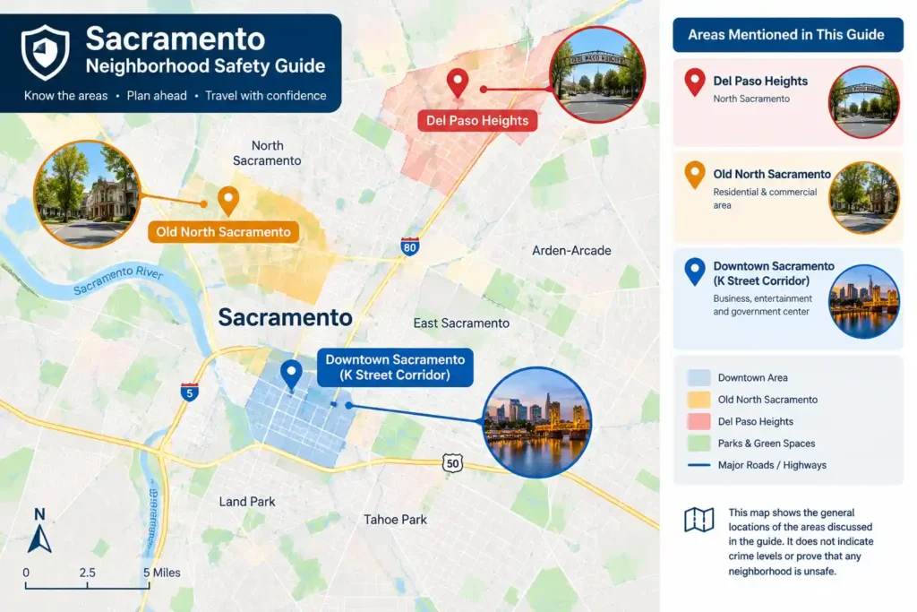 What areas to stay away from in Sacramento? Neighborhood safety guide with a Sacramento city map and skyline