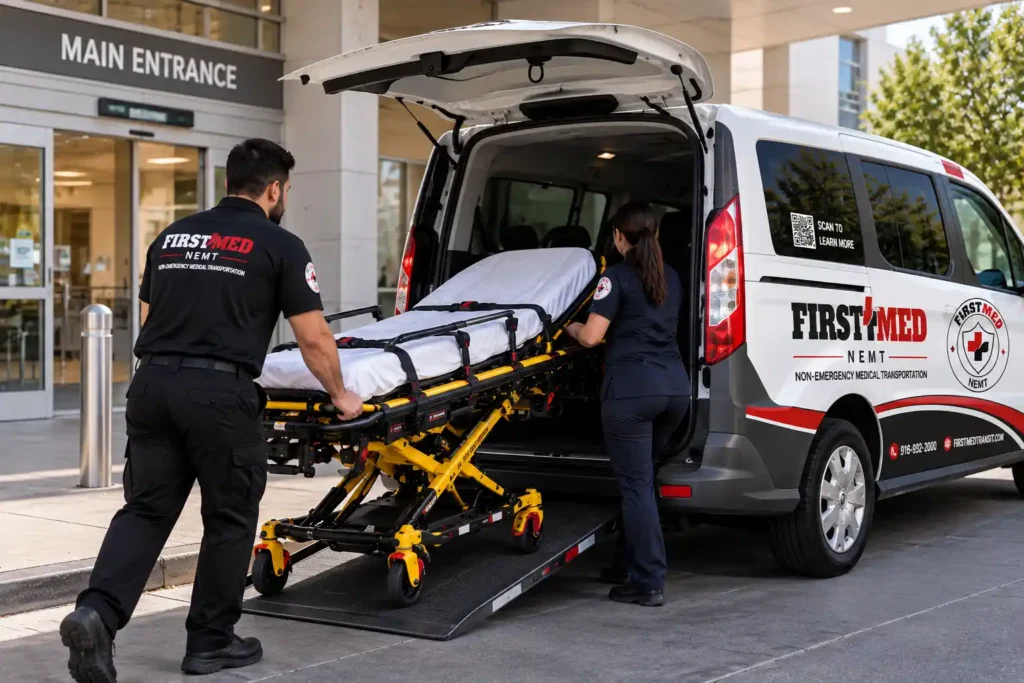 What do Americans call a gurney? Two medical staff members pushing a wheeled gurney down a hospital hallway