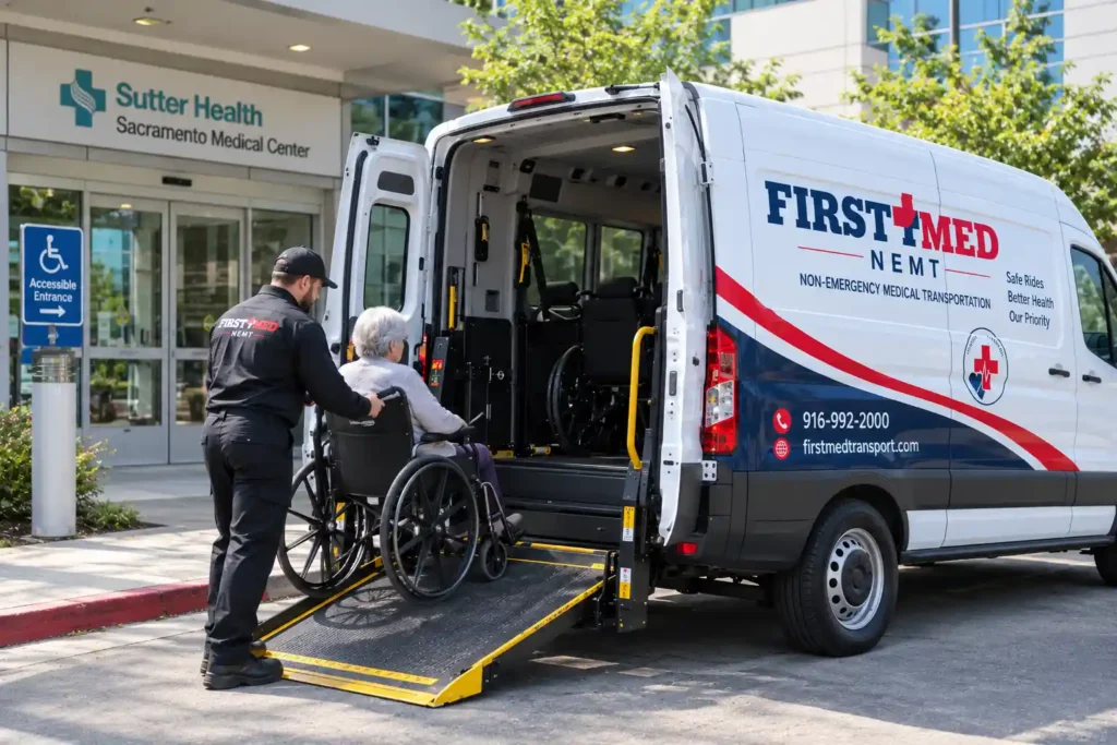 How does a wheelchair taxi work? First Med Transit wheelchair-accessible van in Sacramento
